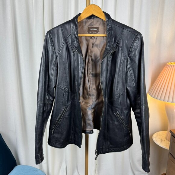 Danier Black Leather Moto Jacket Made in Canada sz Large - Picture 3 of 13